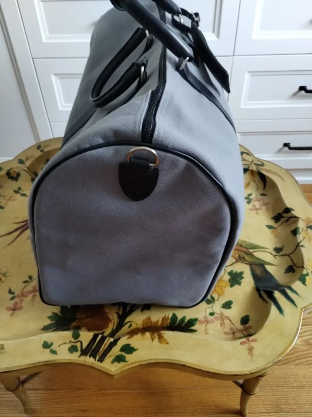 T Anthony Duffle/Weekender/Travel Bag Gray Canvas w Black Leather Trim w keys